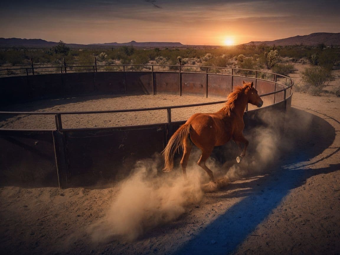 Flying V Turquoise, a chestnut horse, working a round pen at sunset