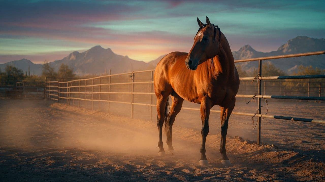 Famously Fabulous, a chestnut mare, standing in a pipe-fence arena at sunset